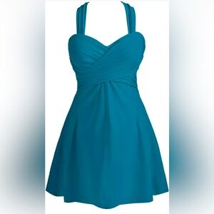 COCOPEAR Elegant Crossover One Piece Swimdress Skirted Swimsuit Blue 3XL Beach